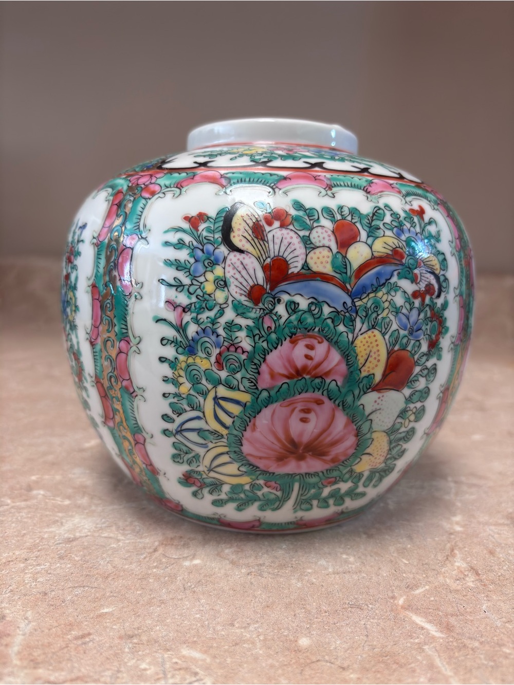 Vtg Chinese Famille Rose Medallion Ginger Jar Birds Peonies Qianlong Mark